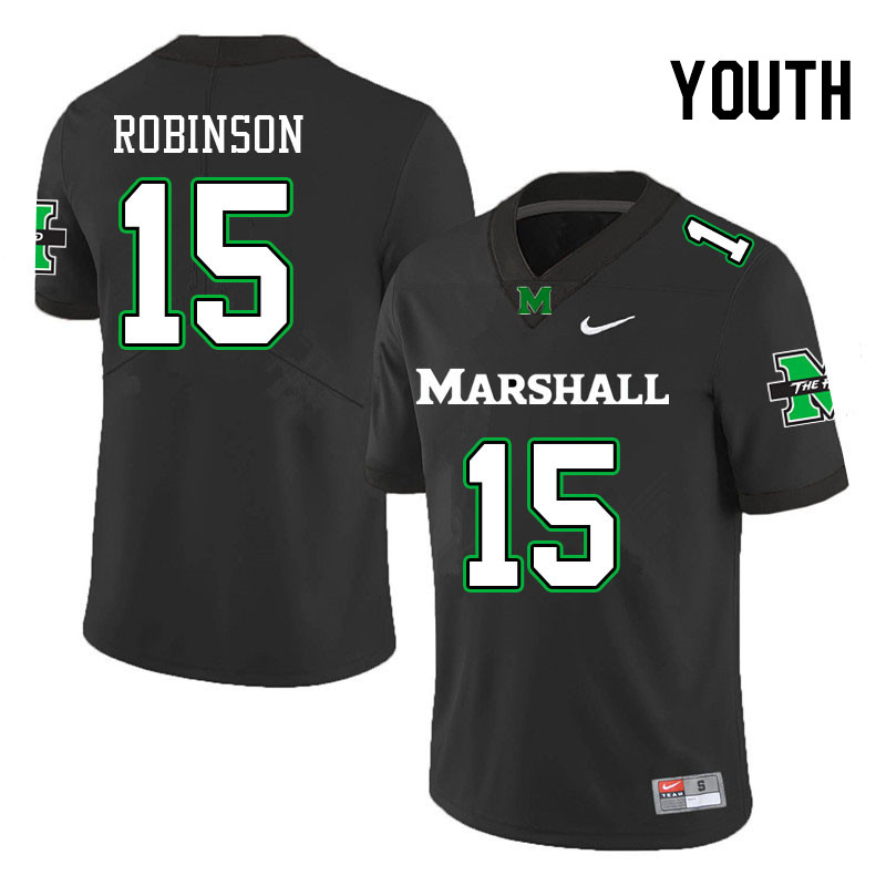 Youth #15 Antonio Robinson Marshall Thundering Herd College Football Jerseys Stitched-Black - Click Image to Close